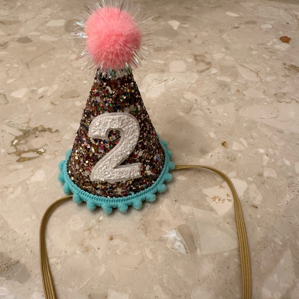 Glittery Party Hat with Pink Pom Pom “2”